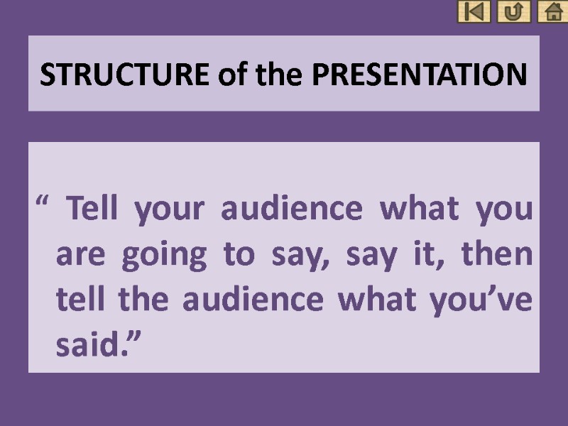 STRUCTURE of the PRESENTATION  “ Tell your audience what you are going to